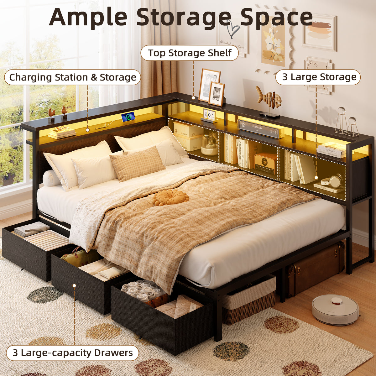 Corner Full Bed Frame with Storage Headboard & LED, Black Metal