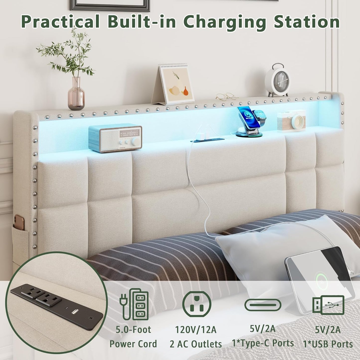 Queen Bed Frame with 4 Storage Drawers & Headboard, Upholstered Platform Bed Frame Queen Size with Charging Station & LED Lights, No Box Spring Needed, Metal Slats Support, Noise Free, Beige