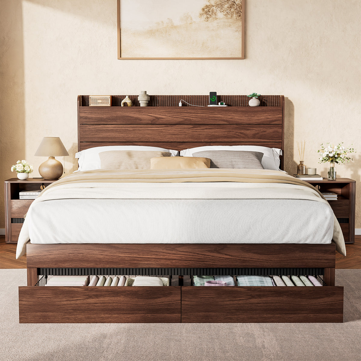 Queen Bed Frame with Storage Headboard & 2 Drawers, Solid Wood Platform Bed Frame with Charging Station, Sturdy Wooden Slats, No Box Spring Needed, Easy Assembly, Walnut