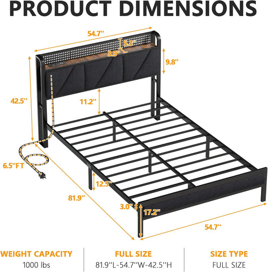 Full Size Bed with Headboard and Storage Shelf, LED Light and Charging Station, Metal Platform Bed with Heavy Duty Slats, No Box Spring Needed, Noise Free