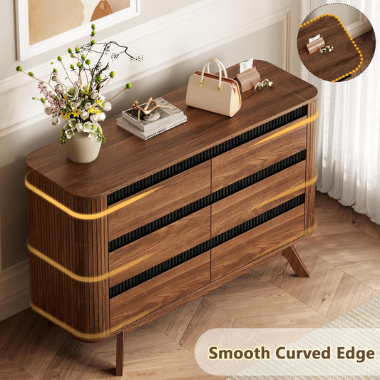 OURPIC 6 Drawer Dresser for Bedroom,Mid-Century Walnut Chest of Drawers 47 inch Long,Wooden Bedroom Dressers TV Stand, Curved Edge Design for Living Room, Hallway