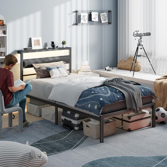 Twin Bed Frames for Kids, Metal Platform Bed Frame Twin Size with Upholstered Headboard, Wood Storage Shelf, Charging Station and LED Lights, No Box Spring Needed, Black Camas