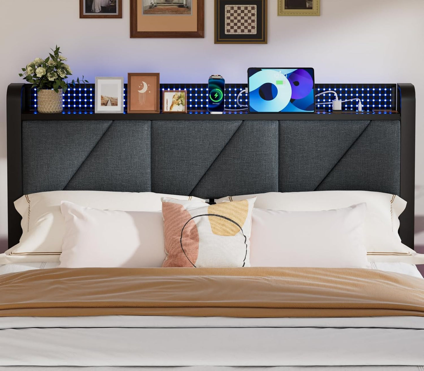 Full Size Bed with Headboard and Storage Shelf, LED Light and Charging Station, Metal Platform Bed with Heavy Duty Slats, No Box Spring Needed, Noise Free