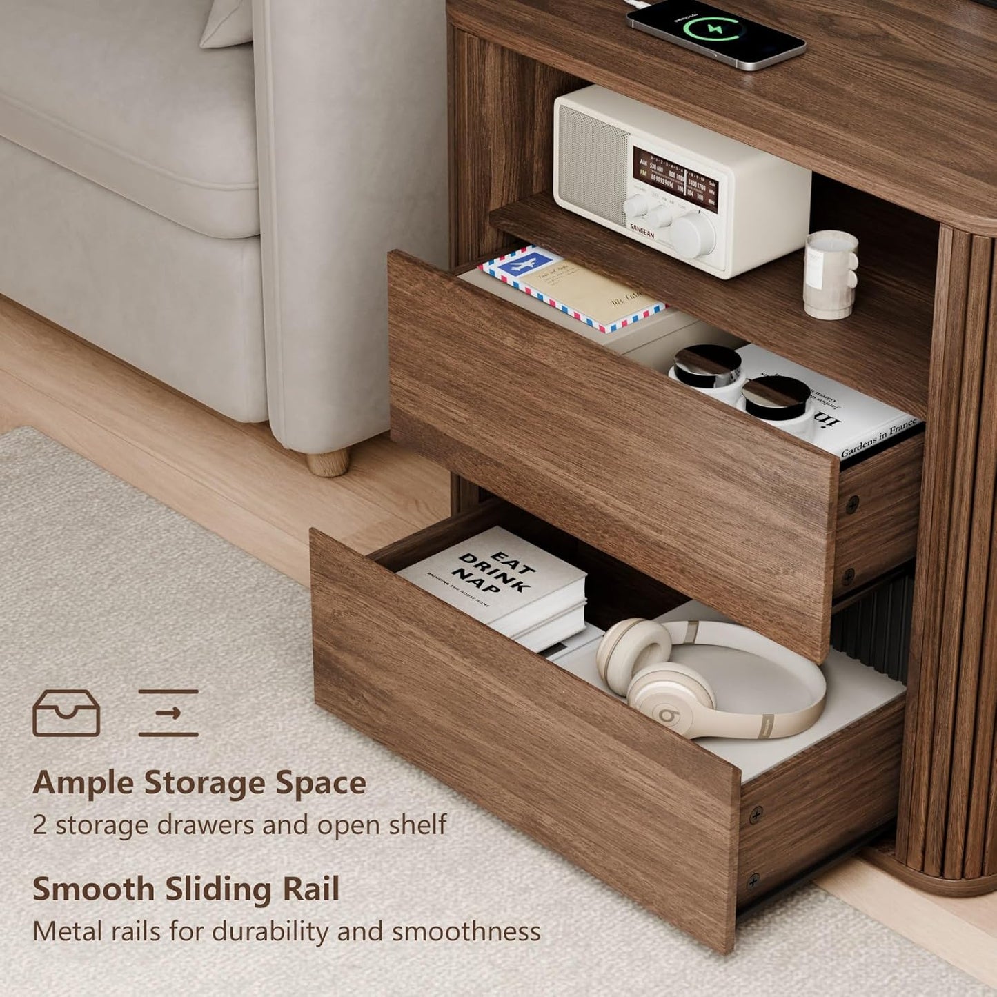Night Stand Set of 2 with Charging Station, Wood Bedside Table with Drawers and Open Shelf, Walnut Nightstand and Rounded Tabletop for Bedroom,Entryway