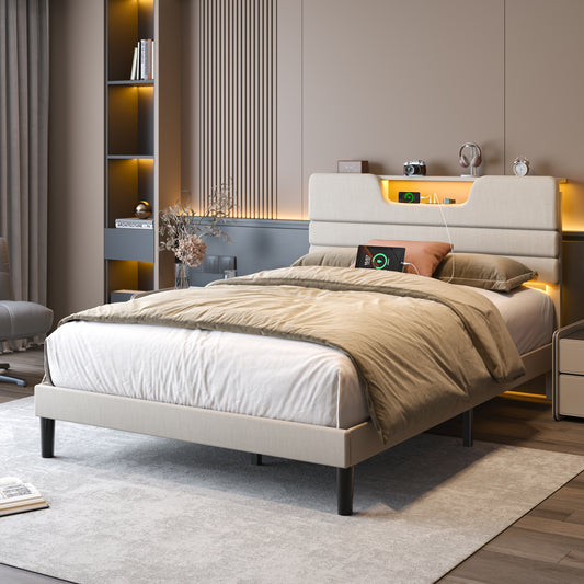 Bed Frame with LED Lights, Headboard with Charging Station and USB Port