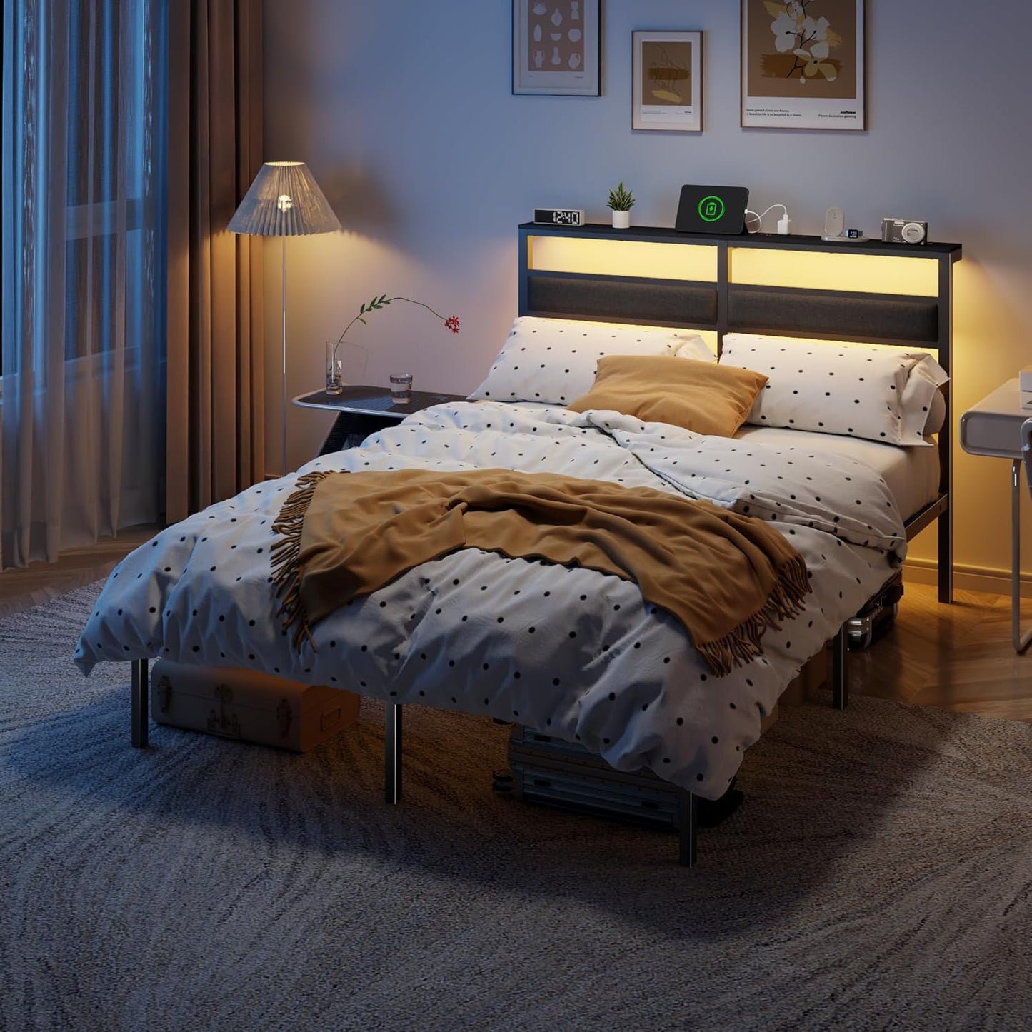 Full Size Bed Frame with Headboard, Bed Frame Full Size with LED Light and Charging Station, Black Double Metal Bedframe and Storage Shelf, No Box Spring Needed, Noise Free