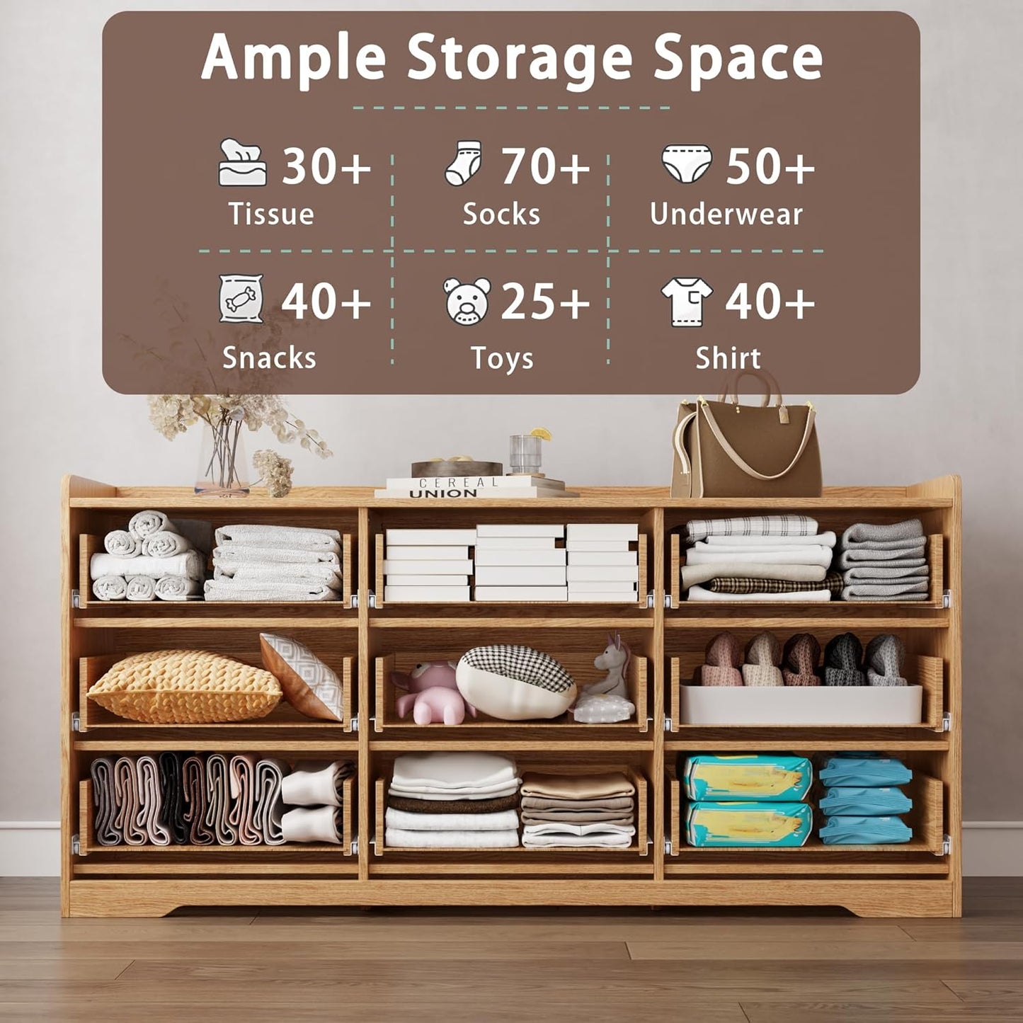 OURPIC 9 Drawers Fluted Dresser for Bedroom, 57" Wide Modern Chest of Drawers with Metal Handle, Wooden Dresser TV Stand, Wood Closet Clothes Storage Organizer for Living Room, Hallway, Natural Oak