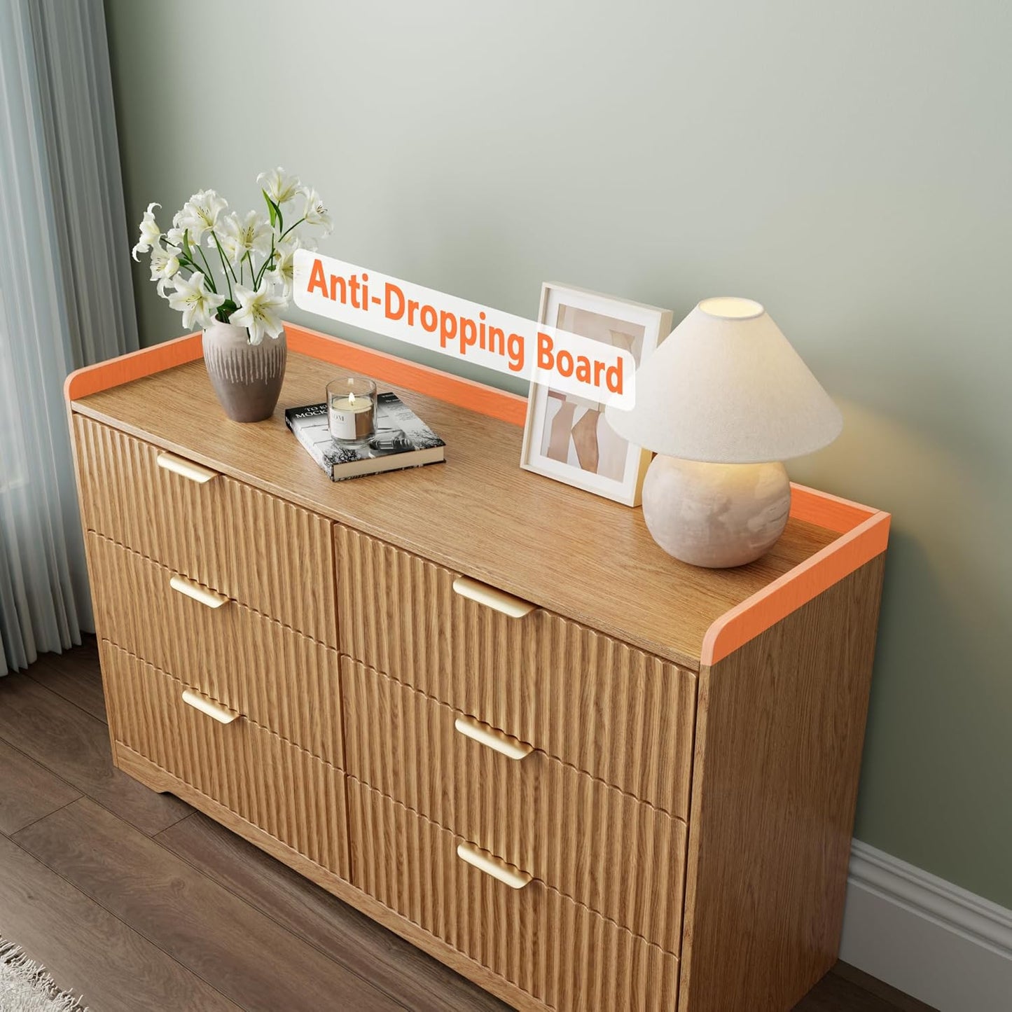 OURPIC 6 Drawers Dresser for Bedroom, Modern Fluted Chest of Drawers with TV Stand Function, 47" Wide Natural Oak Wooden Organizer for Small Spaces, Sturdy Base