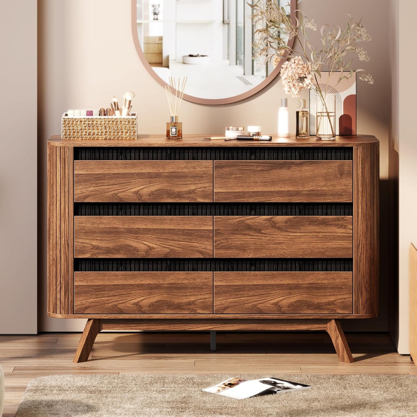 OURPIC 6 Drawer Dresser for Bedroom,Mid-Century Walnut Chest of Drawers 47 inch Long,Wooden Bedroom Dressers TV Stand, Curved Edge Design for Living Room, Hallway