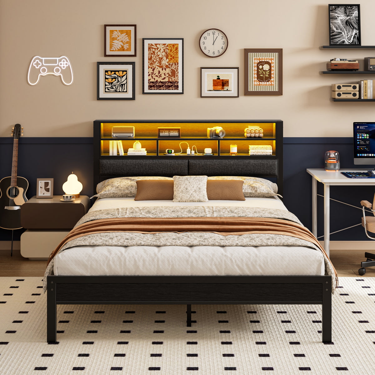 OURPIC Full Bed Frame with Upholstered Headboard & LED , Black Metal Integrated Bookshelf Headboard, Charging Ports, Upholstered Backrest, Under-Bed Storage, No Box Spring Needed
