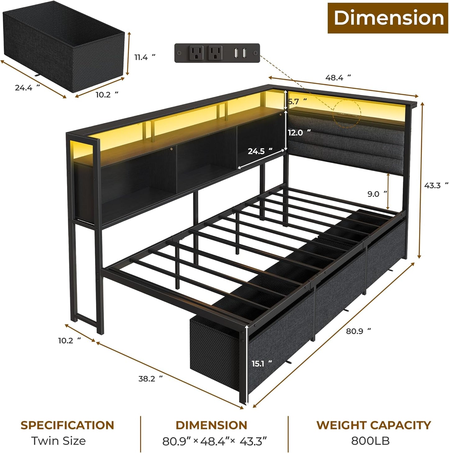 Corner Bed Frame with Storage Bookcase and LED Lights, Twin Size Bed Frames with Upholstered Headboard and Charging Station, Twin Daybed with 3 Storage Drawers, Black