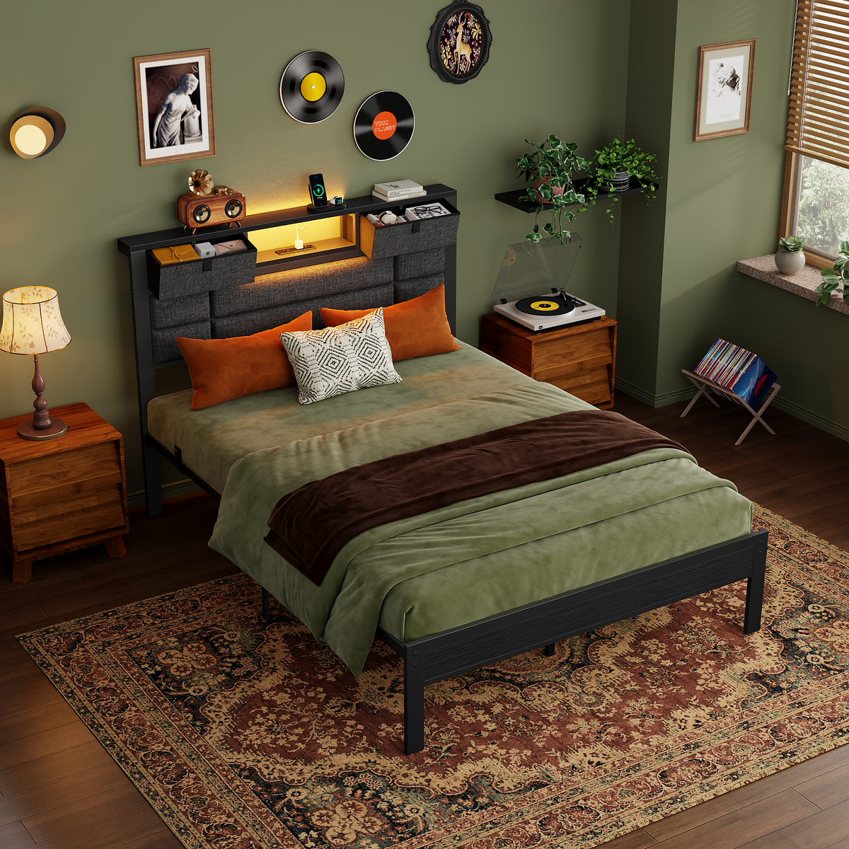 Full Size Bed Frame with Storage Headboard, Black Platform Bedframe