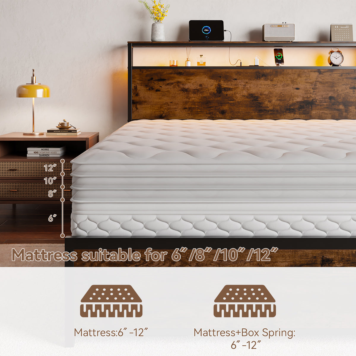 Forestell King Size Bed Frame with Headboard & 6 Drawers, Metal Platform Bed Frame King Size with LED Lights & Charging Station, 2 Tier Shelf Storage Bedframe-No Box Spring Needed, Noise Free, Black