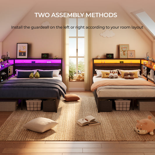 Full Corner Bed Frame with 3 Storage Drawers, LED Lights & Charging