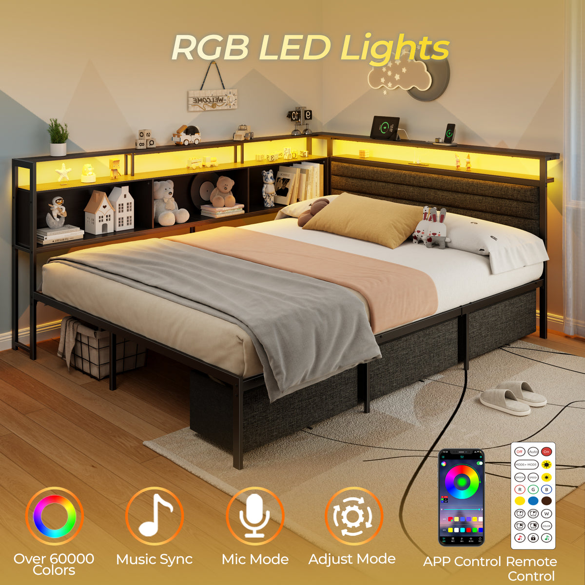Full Corner Bed Frame with 3 Storage Drawers, LED Lights & Charging