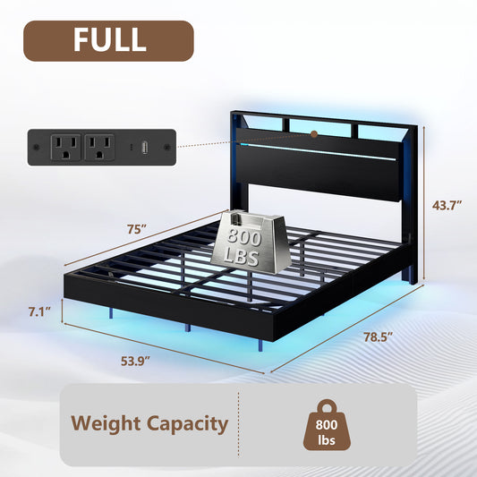 Forestell Floating Full Size Bed Frame with Headboard, Charging Station & LED Lights, Platform Bed with Heavy Duty Slat Support, 2-Tier Wood Shelf, USB, Type-C & AC Ports, No Box Spring Needed, Noise-Free, Black