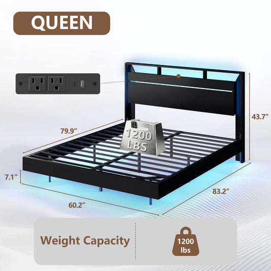 Forestell Floating Queen Bed Frame with Headboard, Charging Station & LED Lights, Platform Bed with Heavy Duty Slat Support, 2-Tier Wood Shelf, USB, Type-C & AC Ports, No Box Spring Needed, Noise-Free, Black