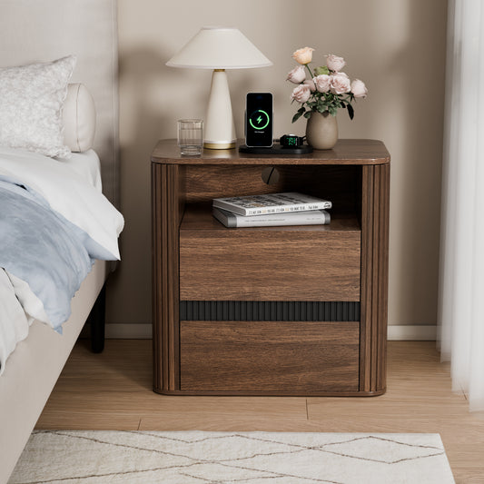 Ourpic Unique Walnut Nightstand Charging Station 2 Drawers Roller Blind Design Rounded Modern Bedside Table Mid Century End Table Bedroom Storage
