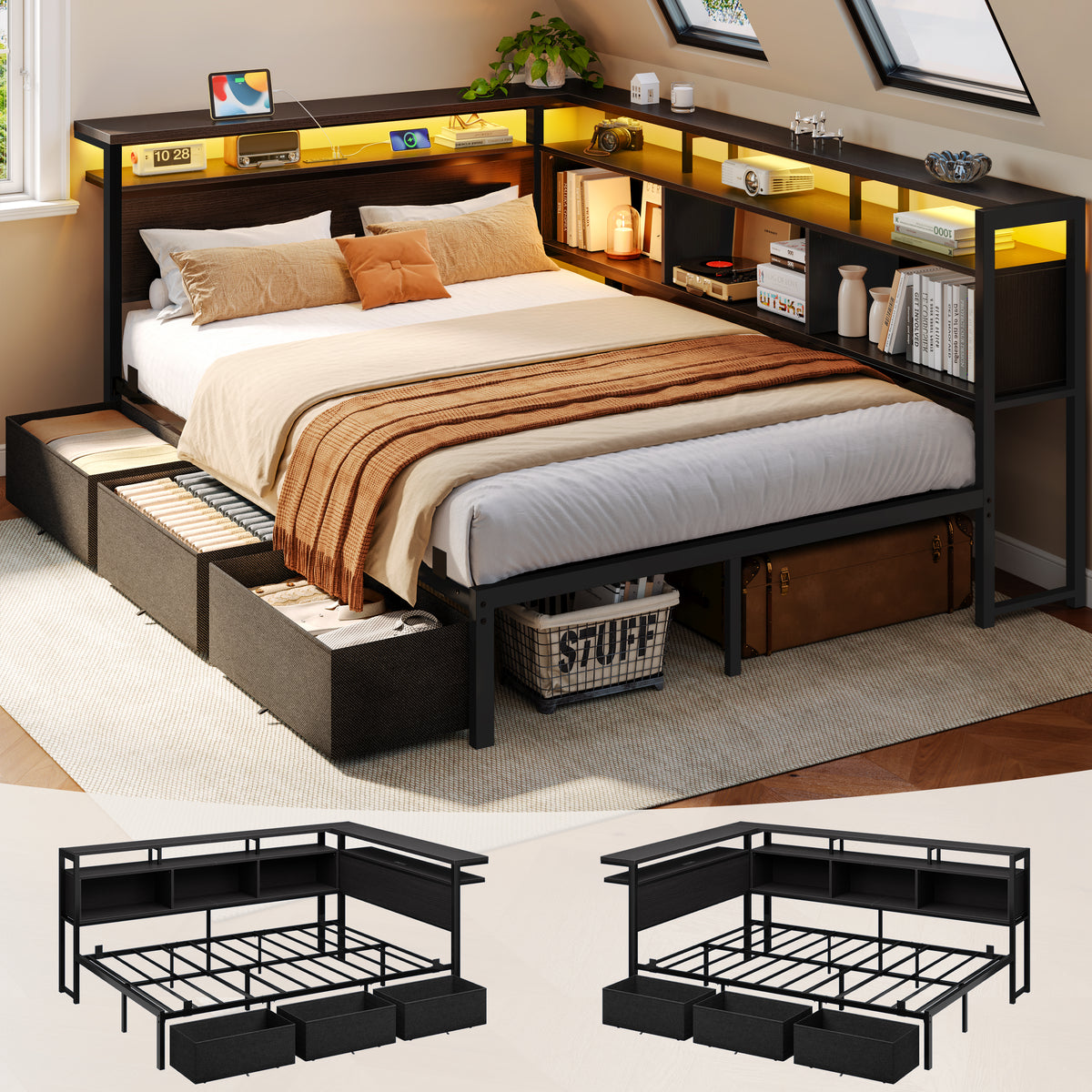 Corner Full Bed Frame with Storage Headboard & LED, Black Metal