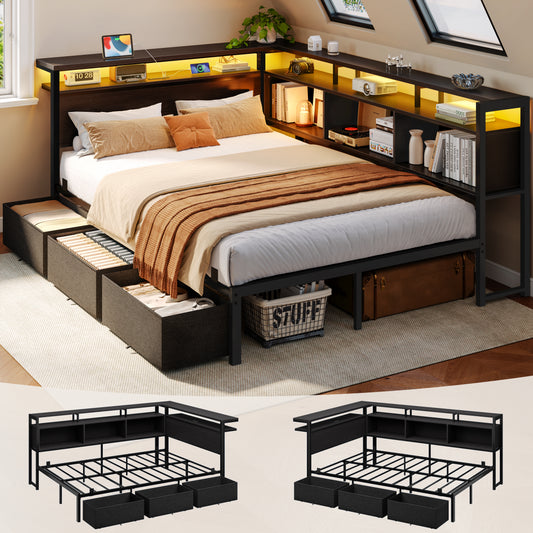 Corner Full Bed Frame with Storage Headboard & LED, Black Metal