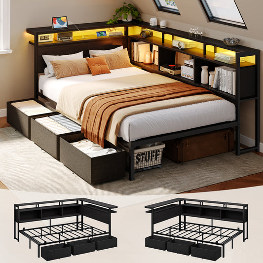 Corner Twin Bed Frame with Charging Station & LED, Black Metal