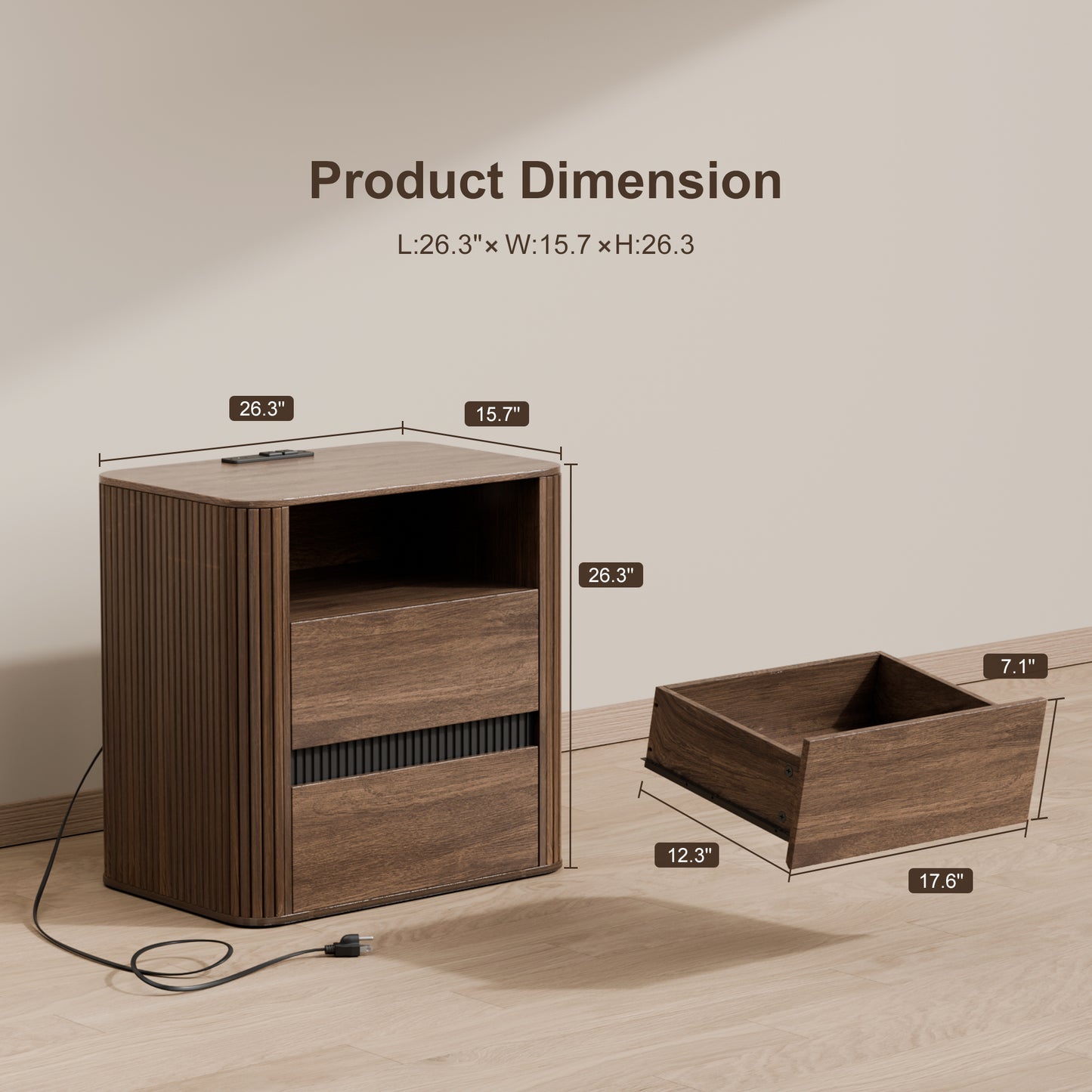Ourpic Unique Walnut Nightstand Charging Station 2 Drawers Roller Blind Design Rounded Modern Bedside Table Mid Century End Table Bedroom Storage