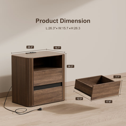 Ourpic Unique Walnut Nightstand Charging Station 2 Drawers Roller Blind Design Rounded Modern Bedside Table Mid Century End Table Bedroom Storage