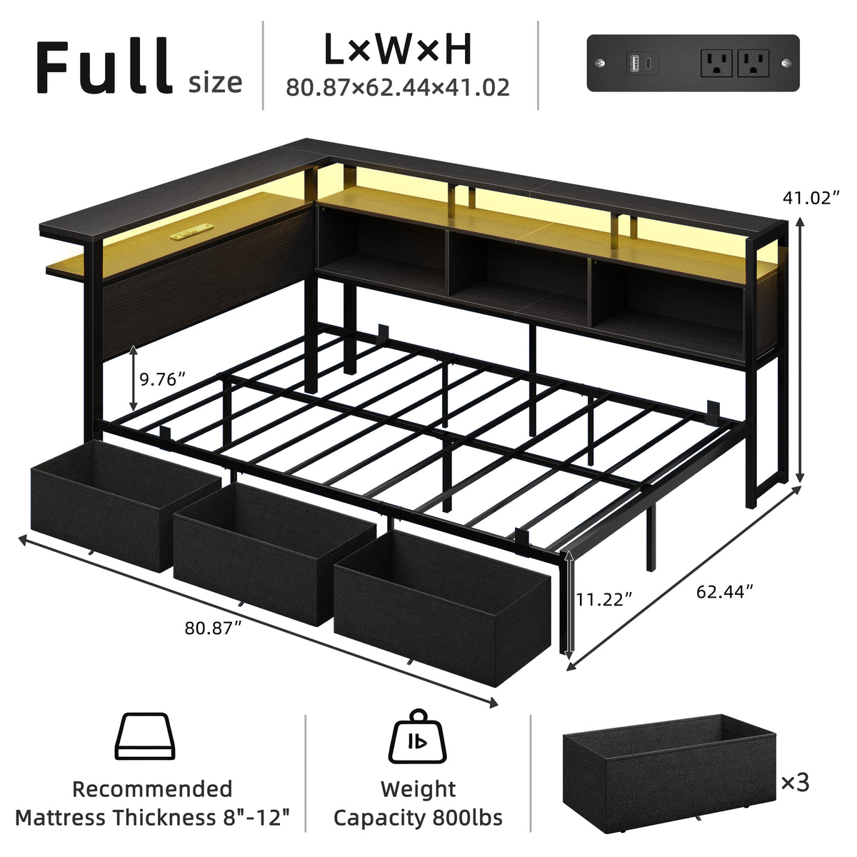 Corner Full Bed Frame with Storage Headboard & LED, Black Metal