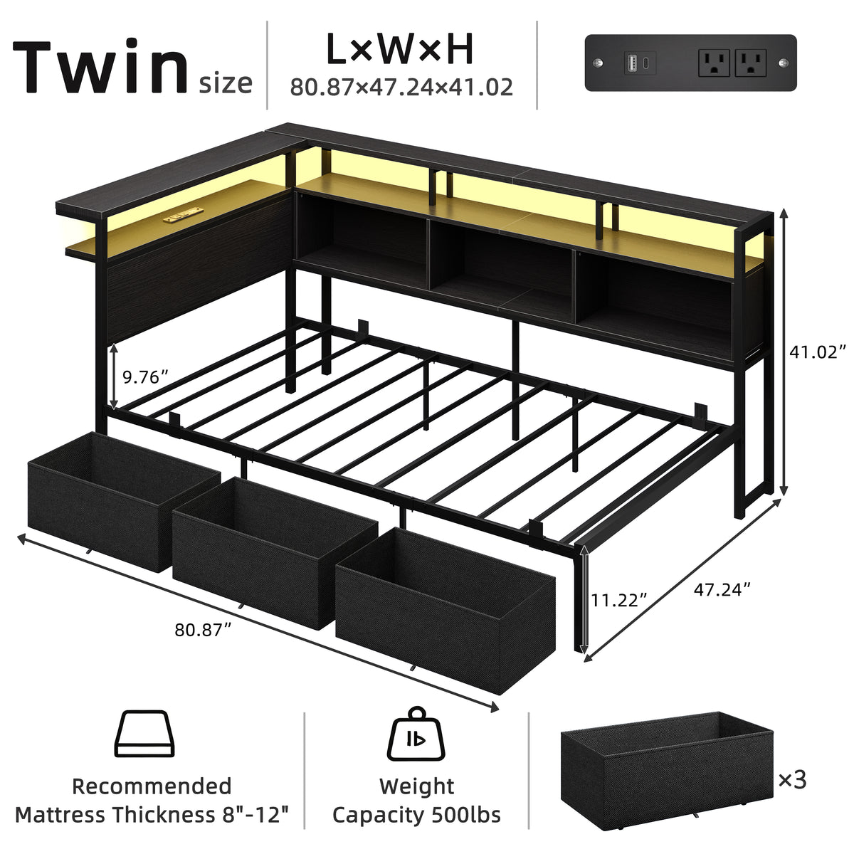 Corner Twin Bed Frame with Charging Station & LED, Black Metal