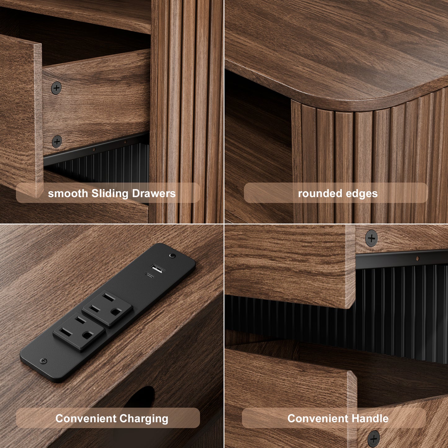 Ourpic Unique Walnut Nightstand Charging Station 2 Drawers Roller Blind Design Rounded Modern Bedside Table Mid Century End Table Bedroom Storage