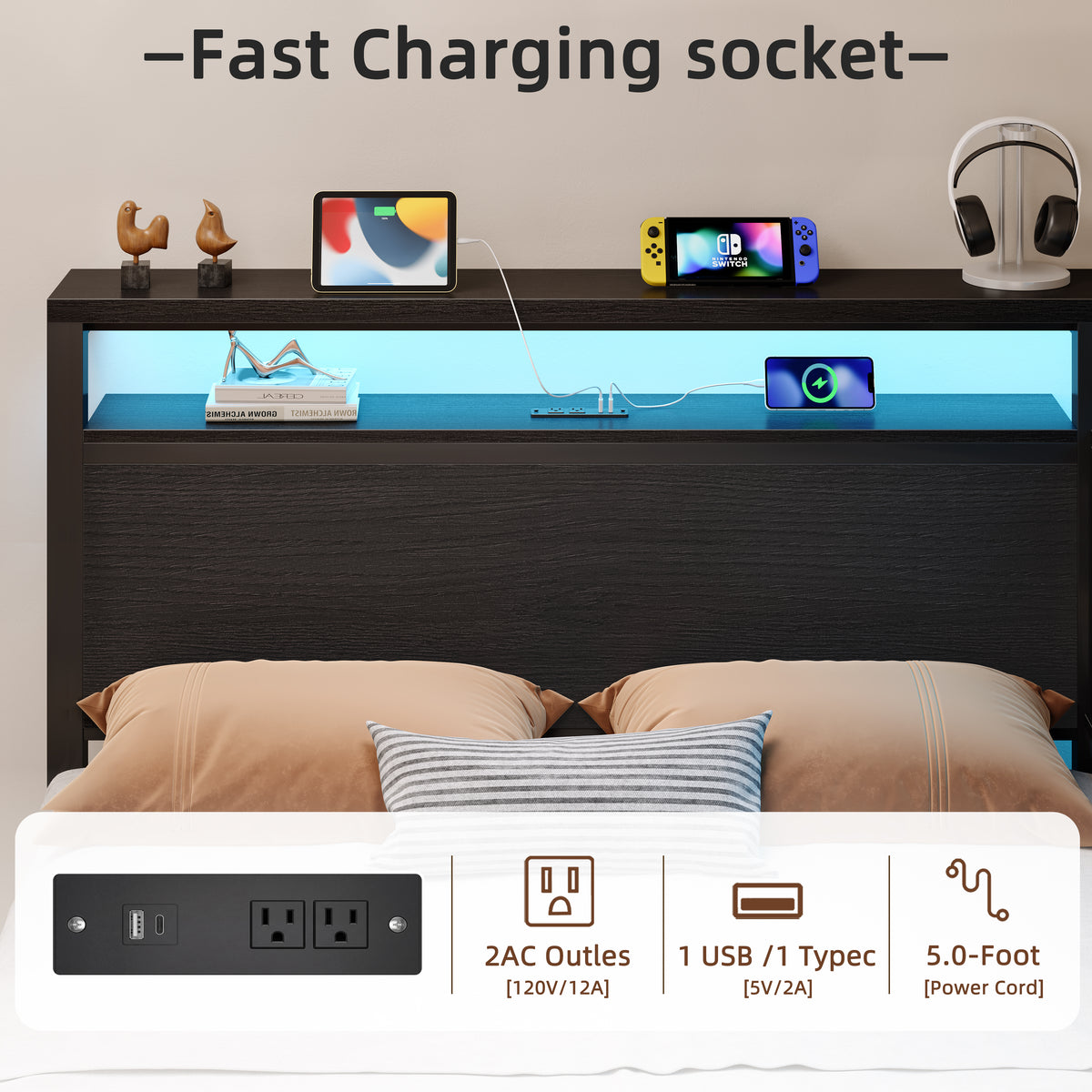 Corner Full Bed Frame with Storage Headboard & LED, Black Metal