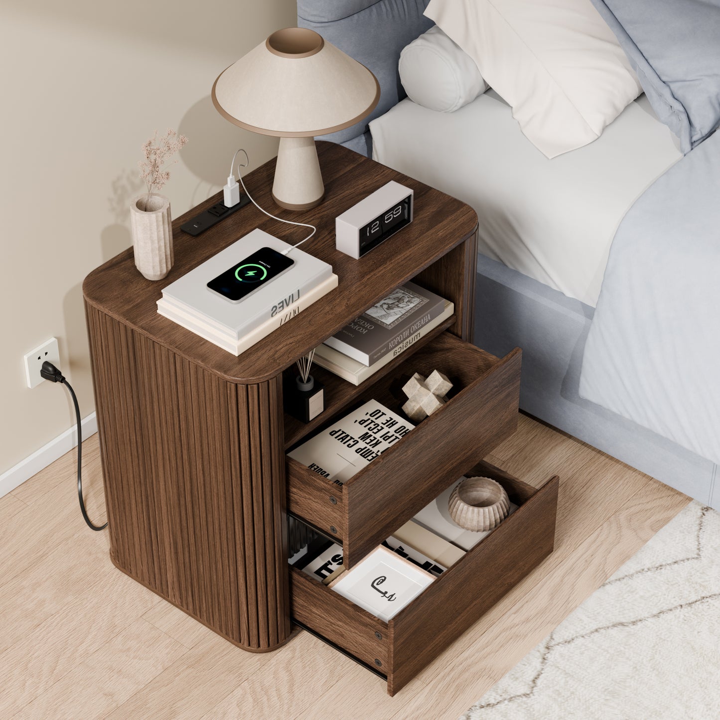 Ourpic Unique Walnut Nightstand Charging Station 2 Drawers Roller Blind Design Rounded Modern Bedside Table Mid Century End Table Bedroom Storage
