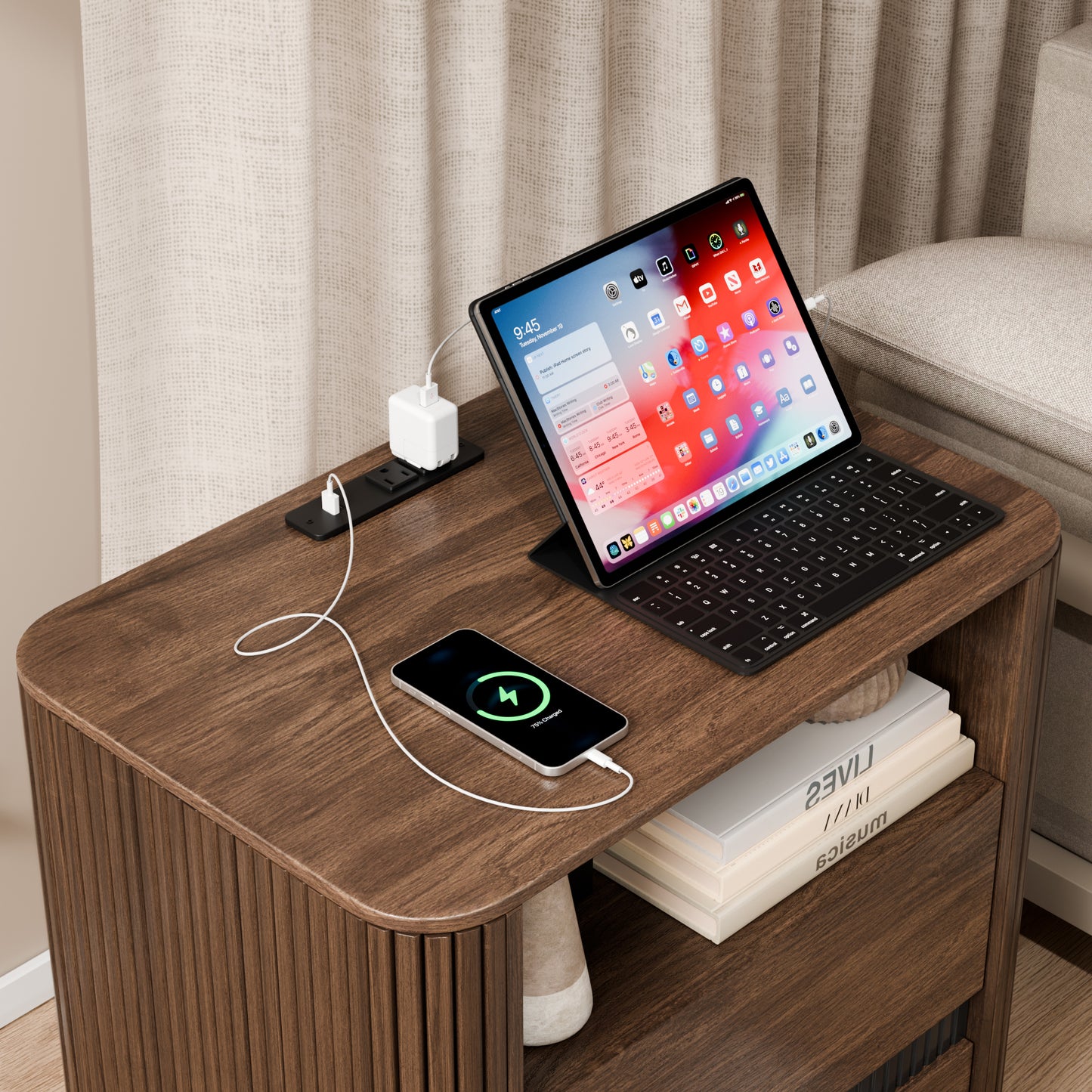 Ourpic Unique Walnut Nightstand Charging Station 2 Drawers Roller Blind Design Rounded Modern Bedside Table Mid Century End Table Bedroom Storage