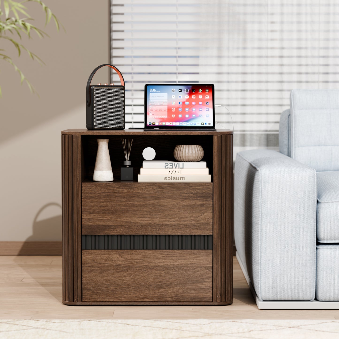 Ourpic Unique Walnut Nightstand Charging Station 2 Drawers Roller Blind Design Rounded Modern Bedside Table Mid Century End Table Bedroom Storage