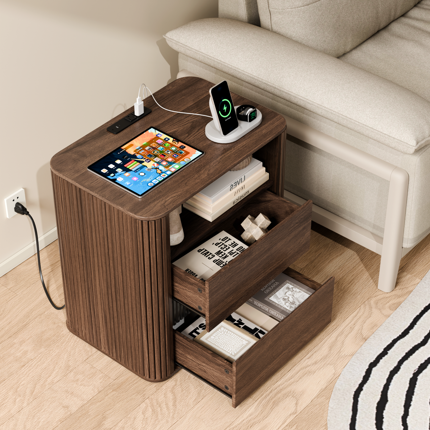 Ourpic Unique Walnut Nightstand Charging Station 2 Drawers Roller Blind Design Rounded Modern Bedside Table Mid Century End Table Bedroom Storage
