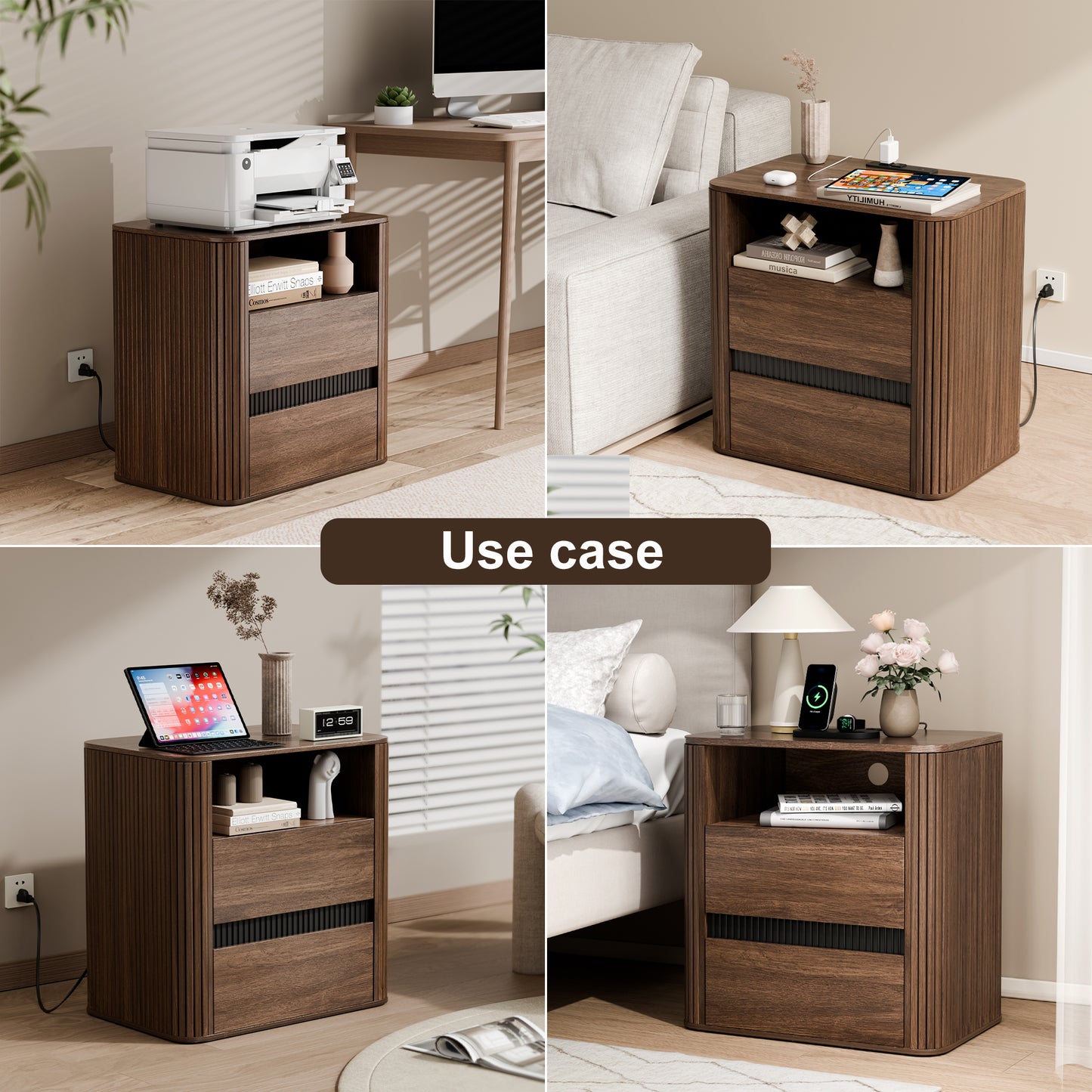 Ourpic Unique Walnut Nightstand Charging Station 2 Drawers Roller Blind Design Rounded Modern Bedside Table Mid Century End Table Bedroom Storage