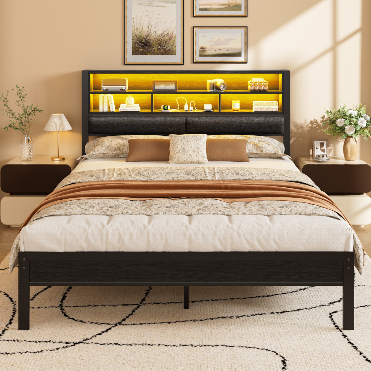 OURPIC Full Bed Frame with Upholstered Headboard & LED , Black Metal Integrated Bookshelf Headboard, Charging Ports, Upholstered Backrest, Under-Bed Storage, No Box Spring Needed