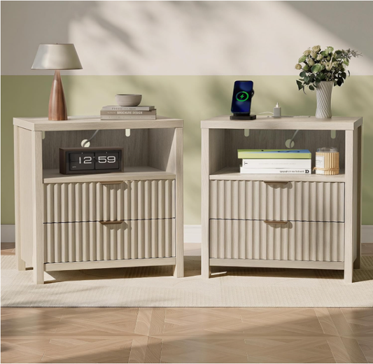 Nightstands Set of 2 with Charging Station, 24" Modern Fluted Night Stand with 2 Drawers and Open Shelf, Wood Bedside Tables with Outlets, Night Table for Bedroom, Light Natural Oak