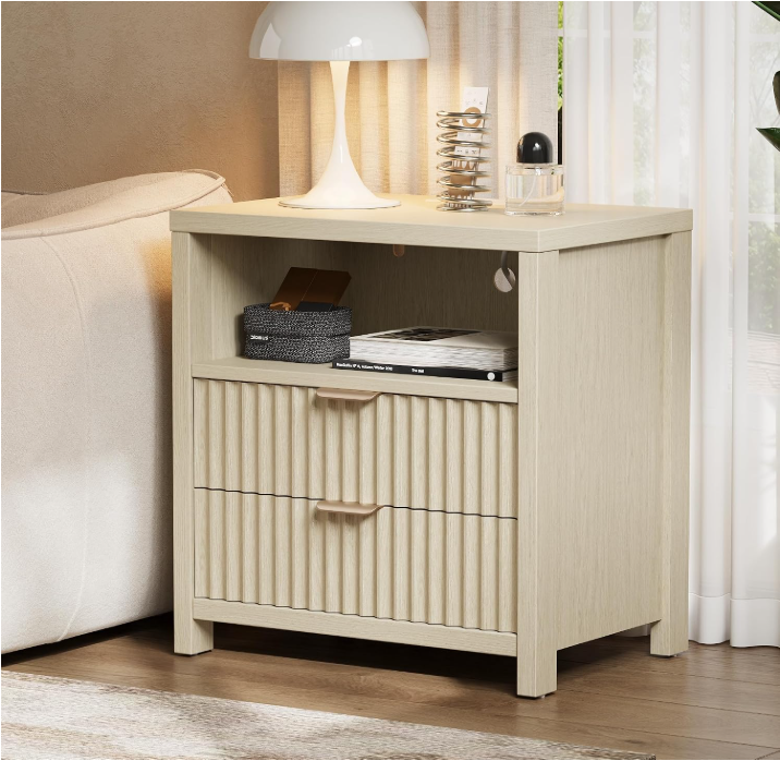 Night Stand with Charging Station, 24" Modern Fluted Nightstand with 2 Drawers and Open Shelf, Wood Bedside Table with Outlet, Night Table for Bedroom, Light Natural Oak