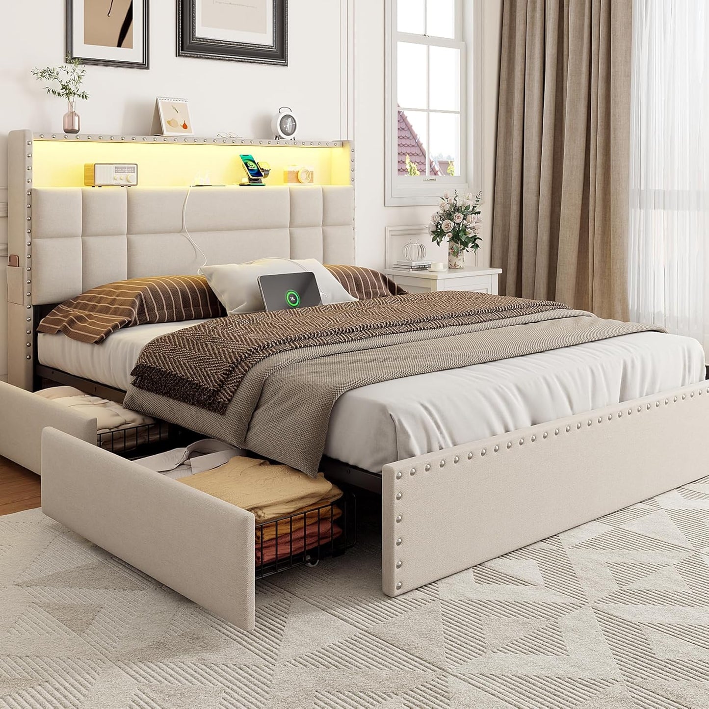 Queen Bed Frame with 4 Storage Drawers & Headboard, Upholstered Platform Bed Frame Queen Size with Charging Station & LED Lights, No Box Spring Needed, Metal Slats Support, Noise Free, Beige