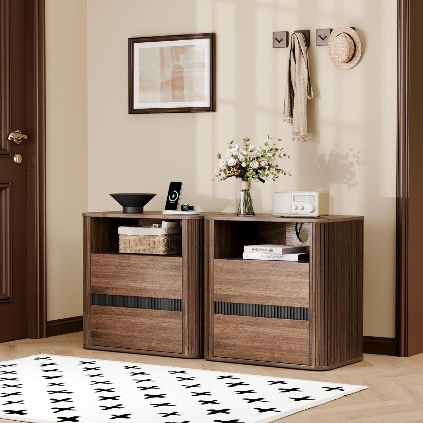 Night Stand Set of 2 with Charging Station, Wood Bedside Table with Drawers and Open Shelf, Walnut Nightstand and Rounded Tabletop for Bedroom,Entryway