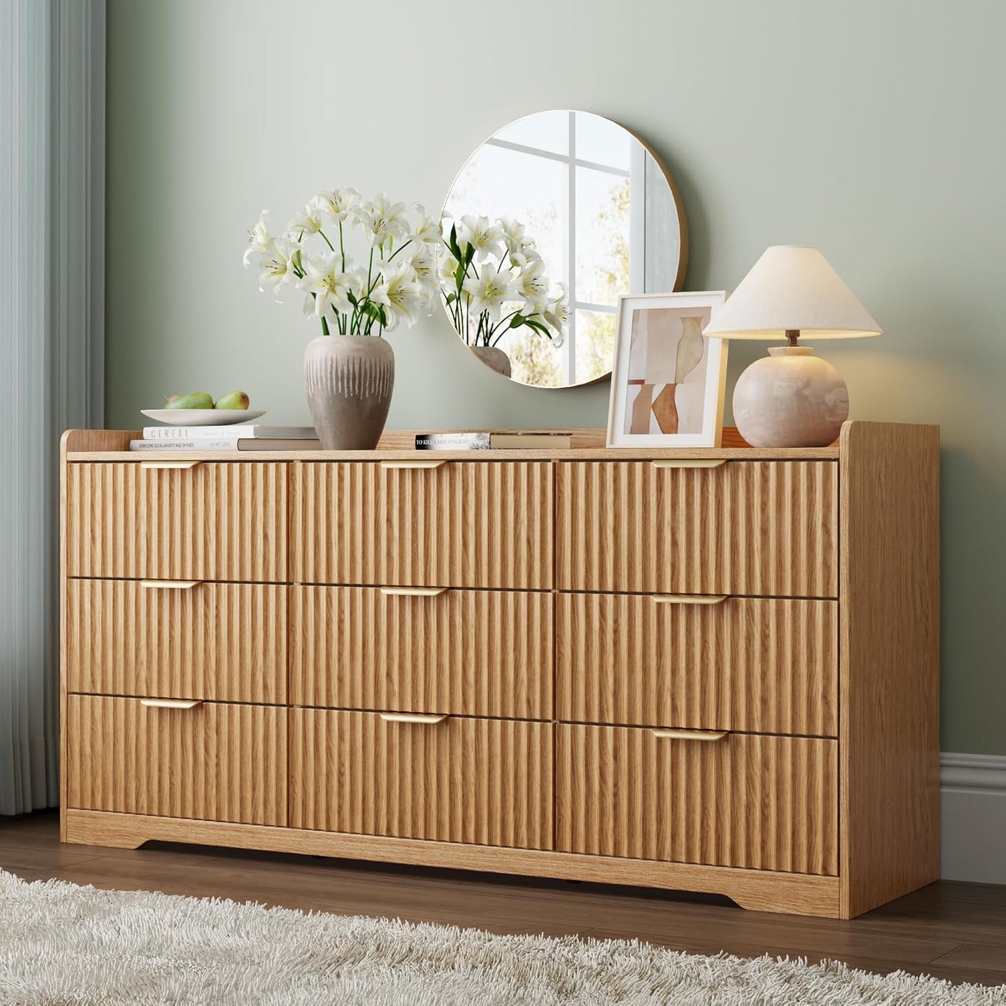 Fluted Dresser for Bedroom with 9 Drawers, 57" Wide Modern Chest of Drawers with Metal Handle, Wooden Dresser TV Stand, Wood Closet Clothes Storage Organizer for Living Room, Hallway, Natural Oak