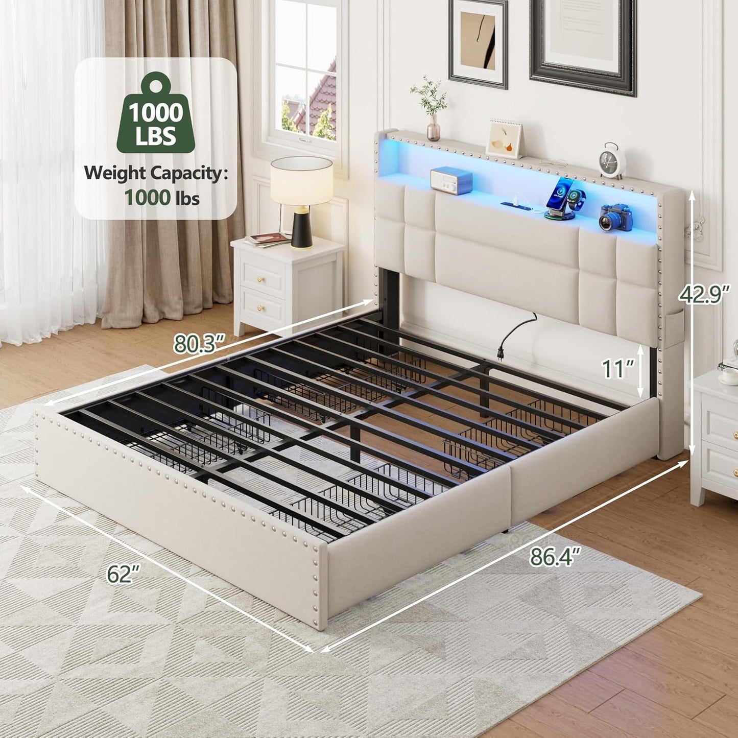 Queen Bed Frame with 4 Storage Drawers & Headboard, Upholstered Platform Bed Frame Queen Size with Charging Station & LED Lights, No Box Spring Needed, Metal Slats Support, Noise Free, Beige