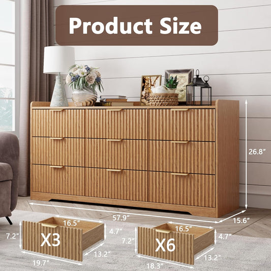 Fluted Dresser for Bedroom with 9 Drawers, 57" Wide Modern Chest of Drawers with Metal Handle, Wooden Dresser TV Stand, Wood Closet Clothes Storage Organizer for Living Room, Hallway, Natural Oak