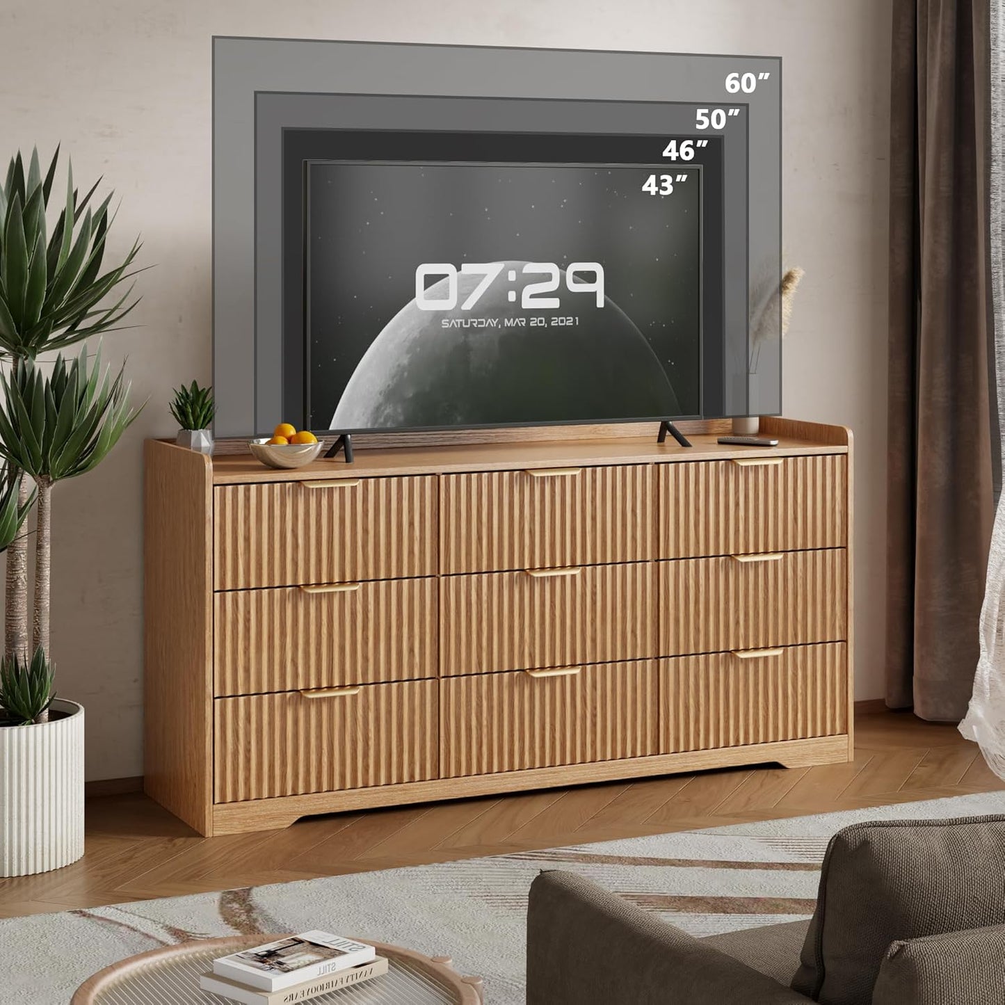 Fluted Dresser for Bedroom with 9 Drawers, 57" Wide Modern Chest of Drawers with Metal Handle, Wooden Dresser TV Stand, Wood Closet Clothes Storage Organizer for Living Room, Hallway, Natural Oak