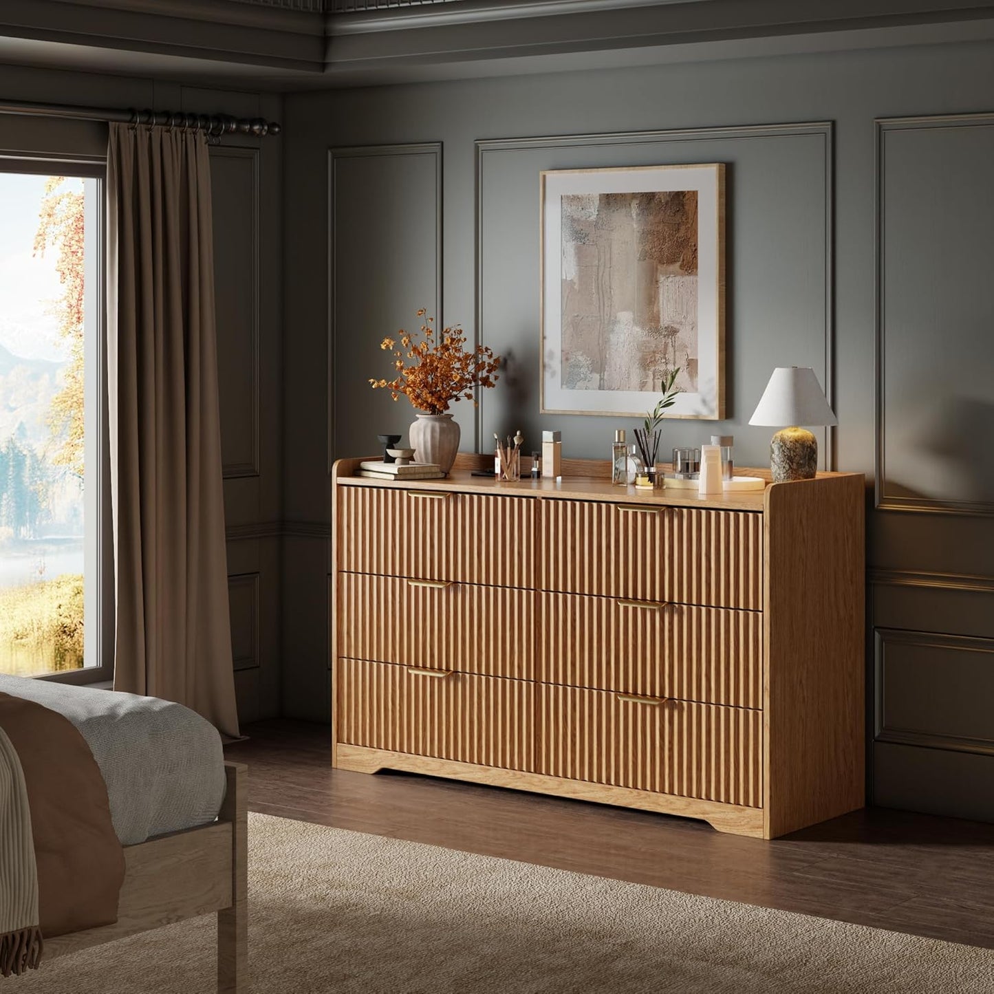 6 Drawers Dresser for Bedroom,Modern Fluted Chest of Drawers with TV Stand Function, 47" Wide Natural Oak Wooden Organizer for Small Spaces, Smooth Glide Drawers & Anti-Tip Safety