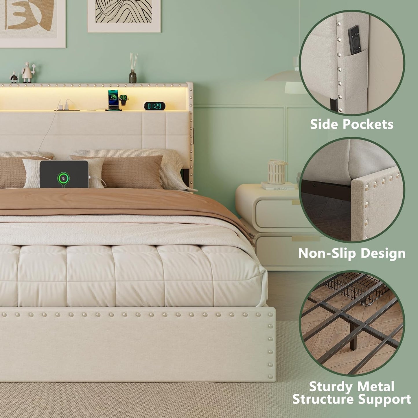 Queen Bed Frame with 4 Storage Drawers & Headboard, Upholstered Platform Bed Frame Queen Size with Charging Station & LED Lights, No Box Spring Needed, Metal Slats Support, Noise Free, Beige