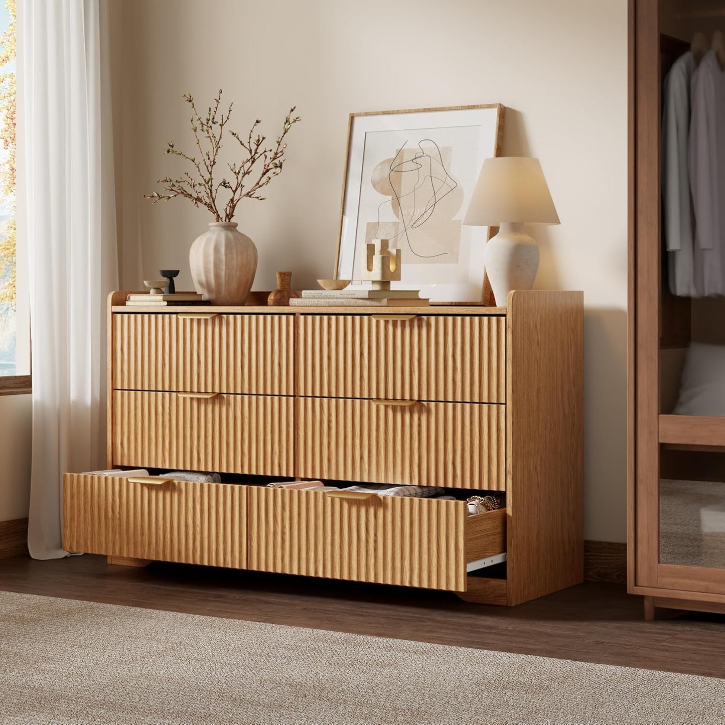 6 Drawers Dresser for Bedroom,Modern Fluted Chest of Drawers with TV Stand Function, 47" Wide Natural Oak Wooden Organizer for Small Spaces, Smooth Glide Drawers & Anti-Tip Safety