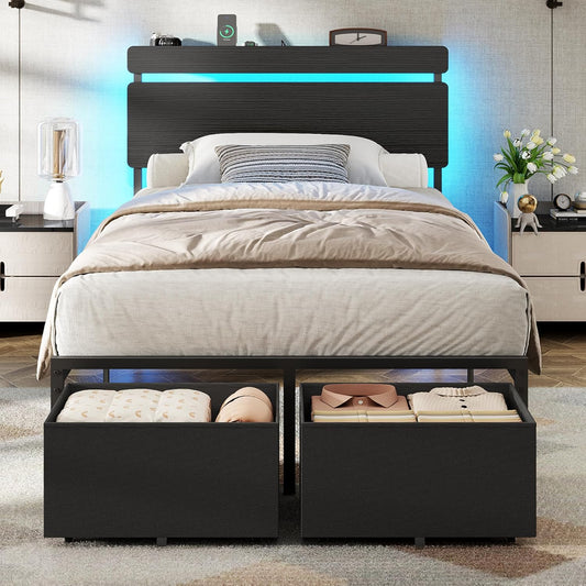 Twin Bed Frames with 2 Storage Drawers, Wood Headboard with LED Lights & Charging Station, Metal Platform Bed Frame, No Box Spring Needed, Noise Free, Black