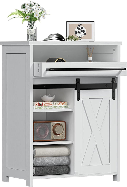 White Farmhouse Sliding Door Cabinet with Tray Drawer | Bathroom, Kitchen & Living Room Storage